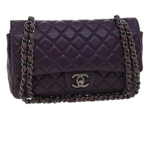Authentic CHANEL Matelasse Double Flap Chain Shoulder Bag Lamb Skin Purple